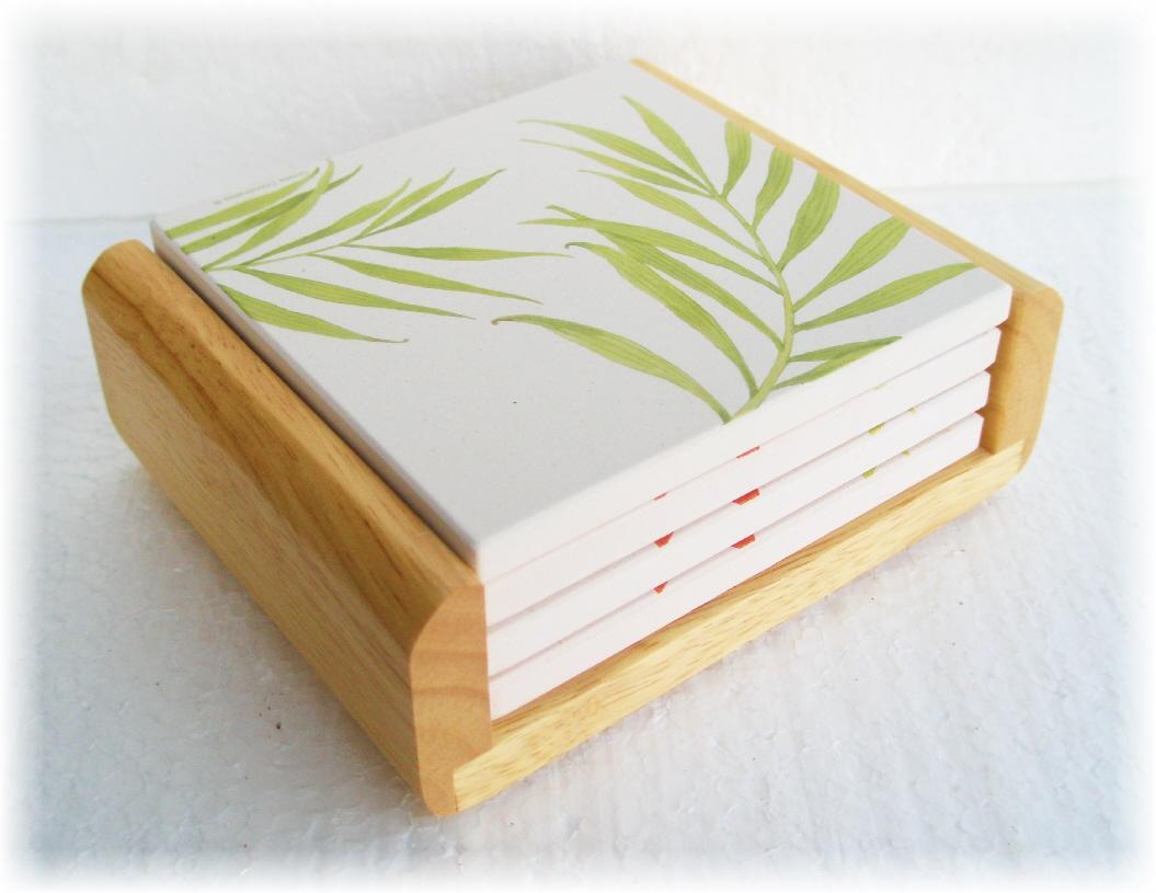 4 CORELLE Square STONEWARE Drink COASTER Set +OAK WOOD CADDY Holder