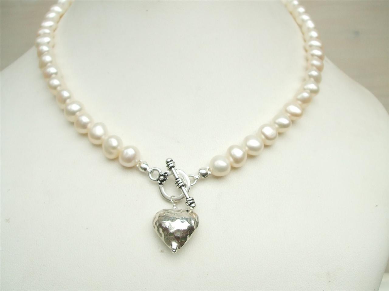 DESIGNER WHITE IVORY FRESHWATER PEARL NECKLACE 925 STERLING SILVER HEART PENDANT | eBay