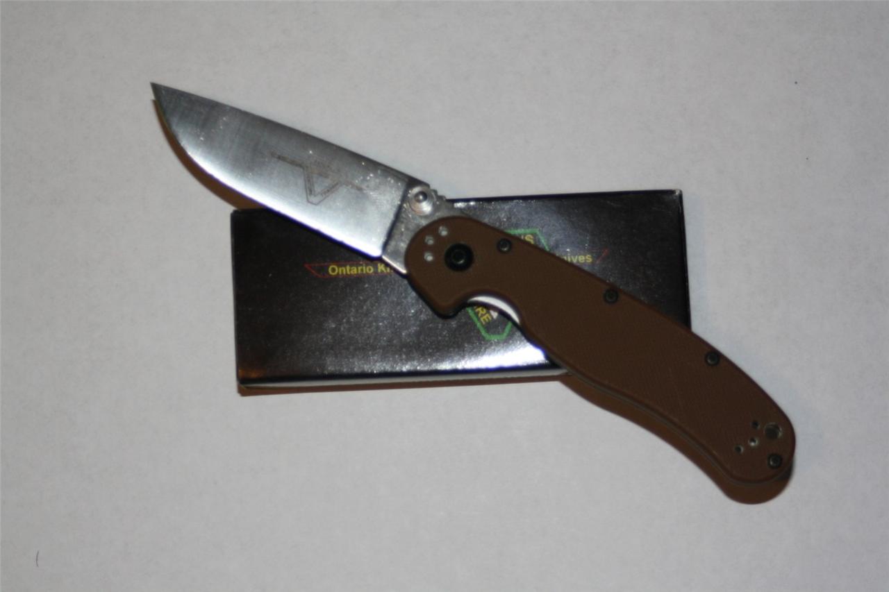 Ontario RAT2 Folding Knife Satin Plain Edge Blade Coyote Brown Handle