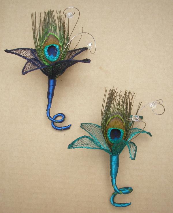 ONE Peacock Buttonhole Corsage trimmed in Navy Blue or Teal Wedding