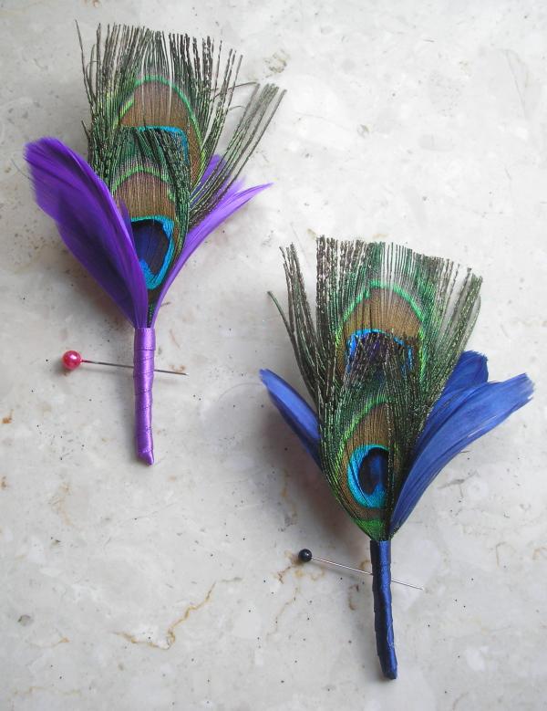  Feather Buttonhole with Purple or Navy Blue Accent Feather Wedding