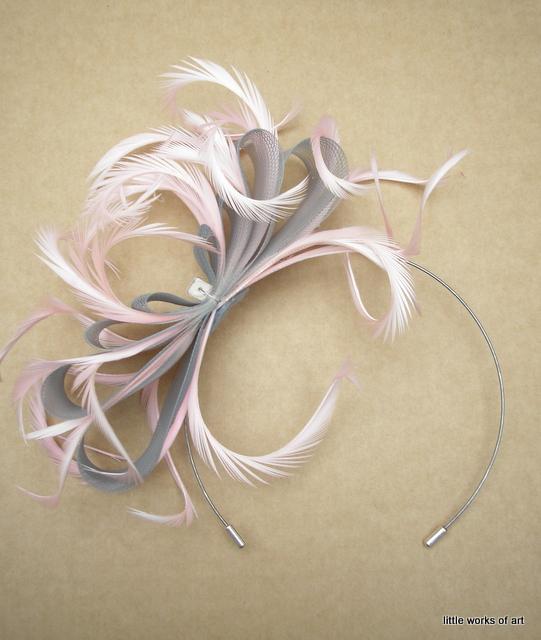 Silver Grey & Baby Pink Feather Fascinator Headpiece headband Wedding