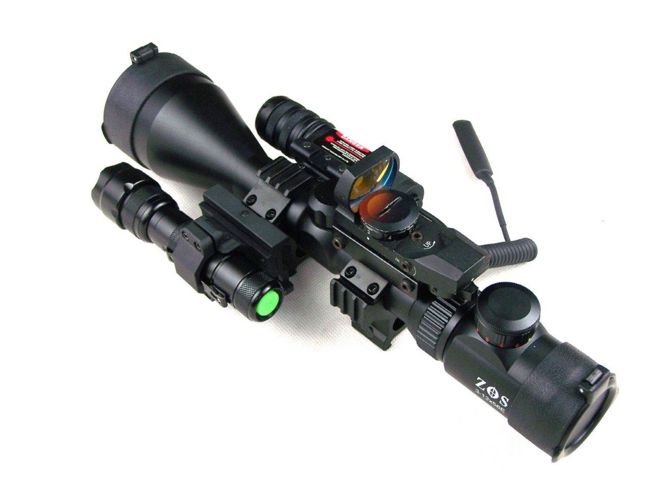 ZOS 312x56E Rifle Scope Red Dot 1MW Red Laser Flashlight All in 1 Kit