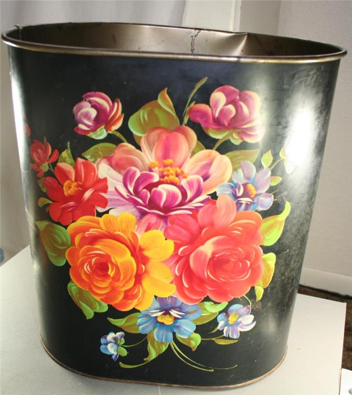 vintage metalware, tin, wastebasket, waste basket, roses, printed, tole,Harvell