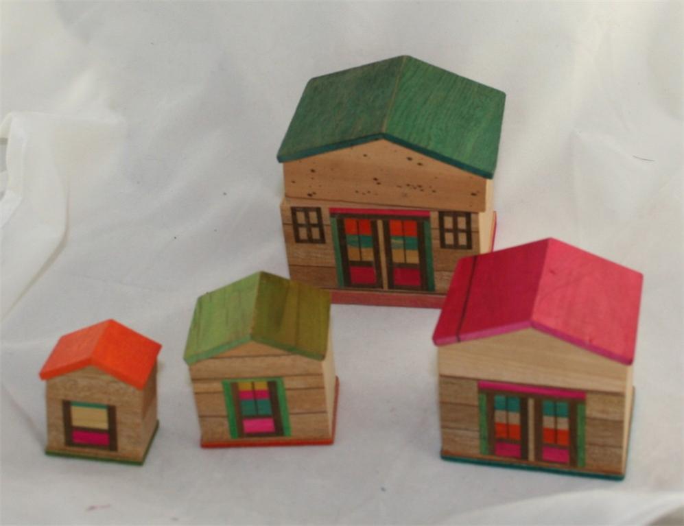 vintage,nesting boxes, Japan,houses,wood,painted, stained