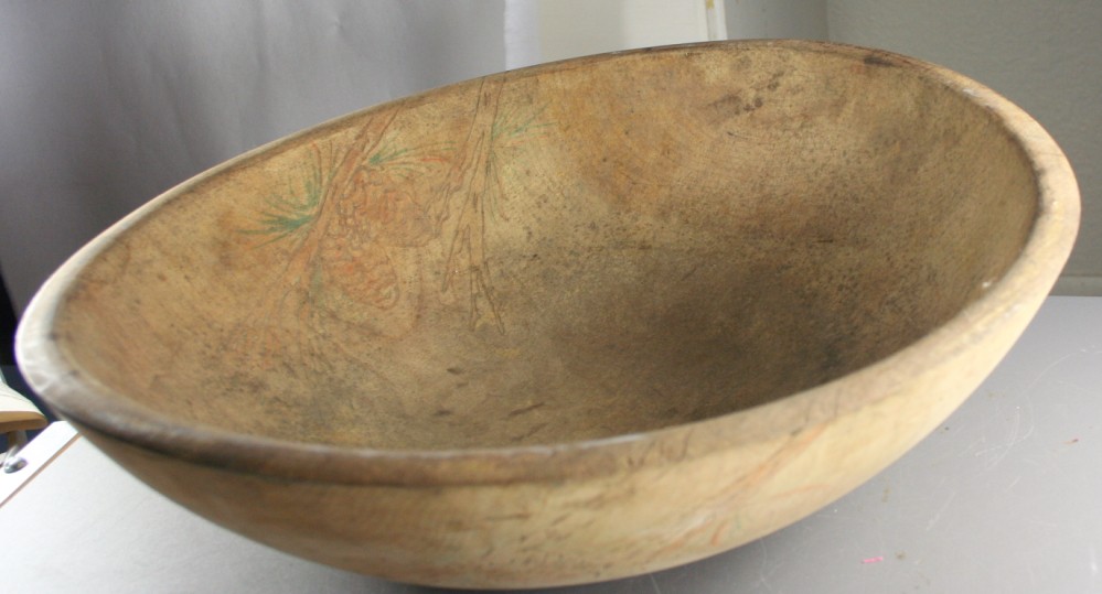 vintage primitive, wood, bowl, dough, wood burn decoration