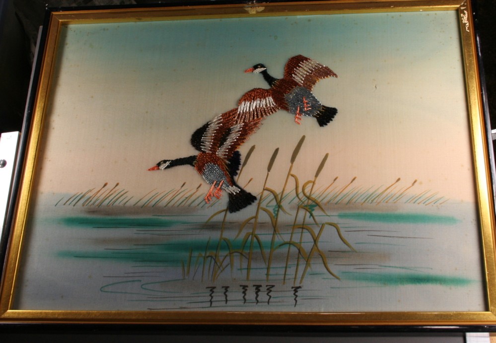 vintage pictures,silk,satin embroidery,ducks,pair
