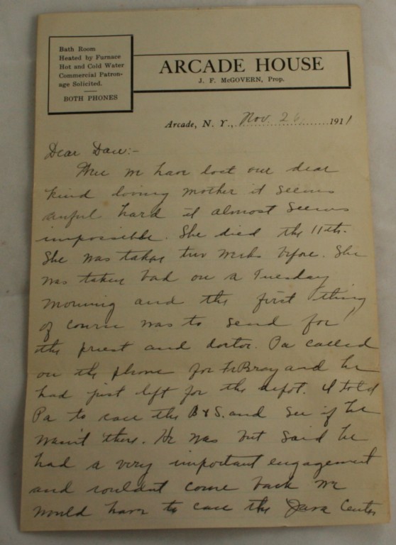vintage correspondence, letter, 1911, Arcade, New York, Arcade Hotel