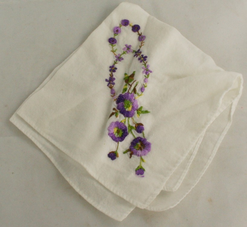 vintage handkerchief, cotton, embroidered,violets, women, accessories