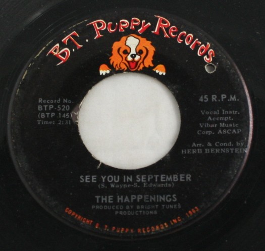 vintage 45,vinyl,BT Puppy Records, The Happenings, See You in September,He Thinks He's a Hero