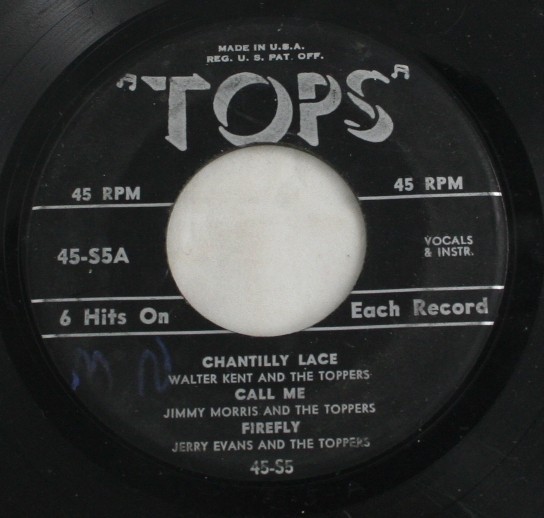 vintage 45,vinyl,Tops,6 hits,Chantilly Lace,Call Me,Firefly,Guaglione,Tom Dooley,Topsy