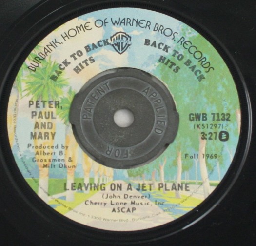 vintage record,45,vinyl,Peter Paul and Mary,Leaving On A Jet Plane, Warner Bros Records