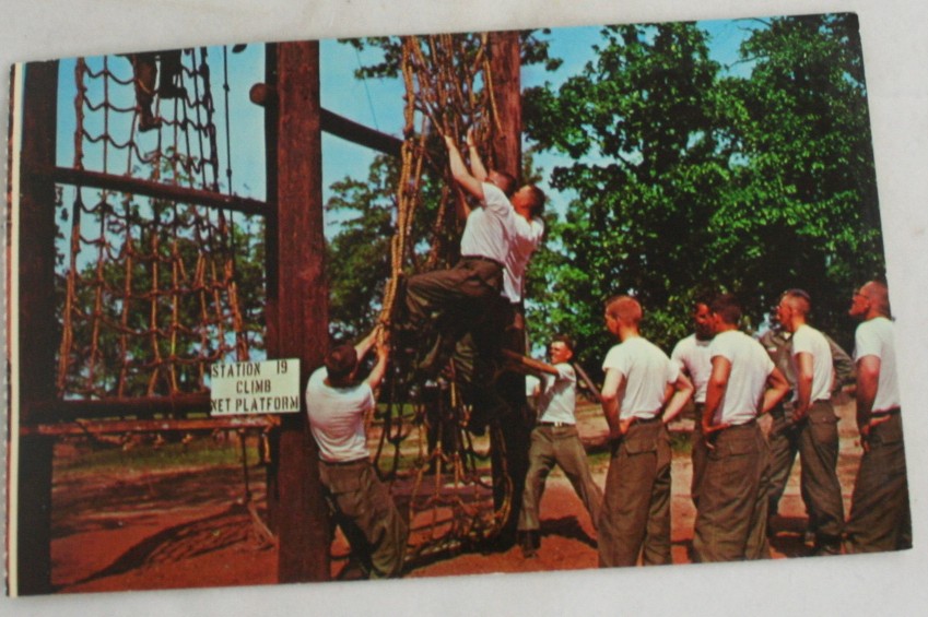 vintage postcard,military,Fort Leonard Wood,obstacle course,drill