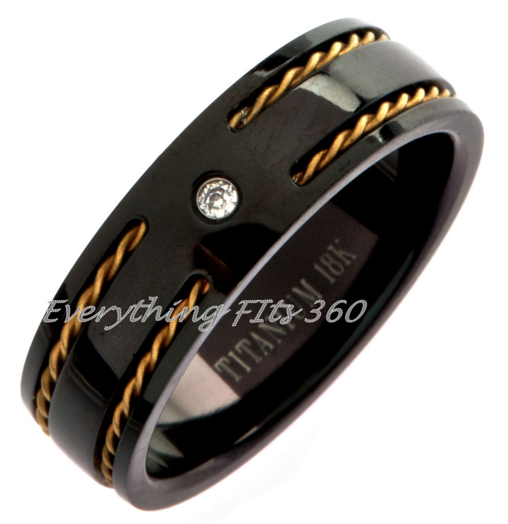 Black Titanium Wedding Band Ring 7mm width 2mm CZ