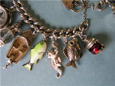 VINTAGE ANTIQUE STERLING 800 SILVER NAUTICAL SEA OCEAN CHARM BRACELET ...