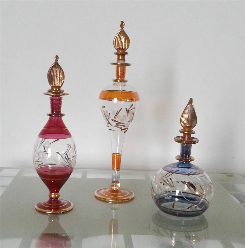 Egyptian Perfume Bottles x 3 SOLID 18K gold Hand Made Pyrex Glass XL