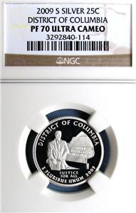 2009 S DISTRICT COLUMBIA SILVER QUARTER NGC PF70
