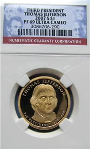 2007 S THOMAS JEFFERSON PRESIDENTIAL $1 NGC PF69