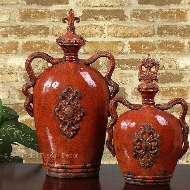 S/2 FRENCH TUSCAN ITALIAN Fleur De Lis OLD WORLD MEDITERRANEAN Vases