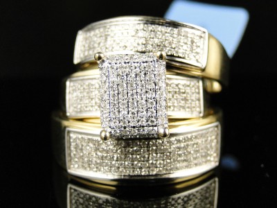  MENS ROUND YELLOW GOLD DIAMOND ENGAGEMENT BRIDAL WEDDING RING TRIO SET