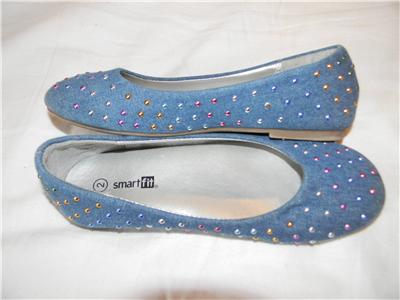 EUC GIRLS SMART FIT SHOES DENIM STUDED FLATS BALLET SCHOOL PAYLESS SZ