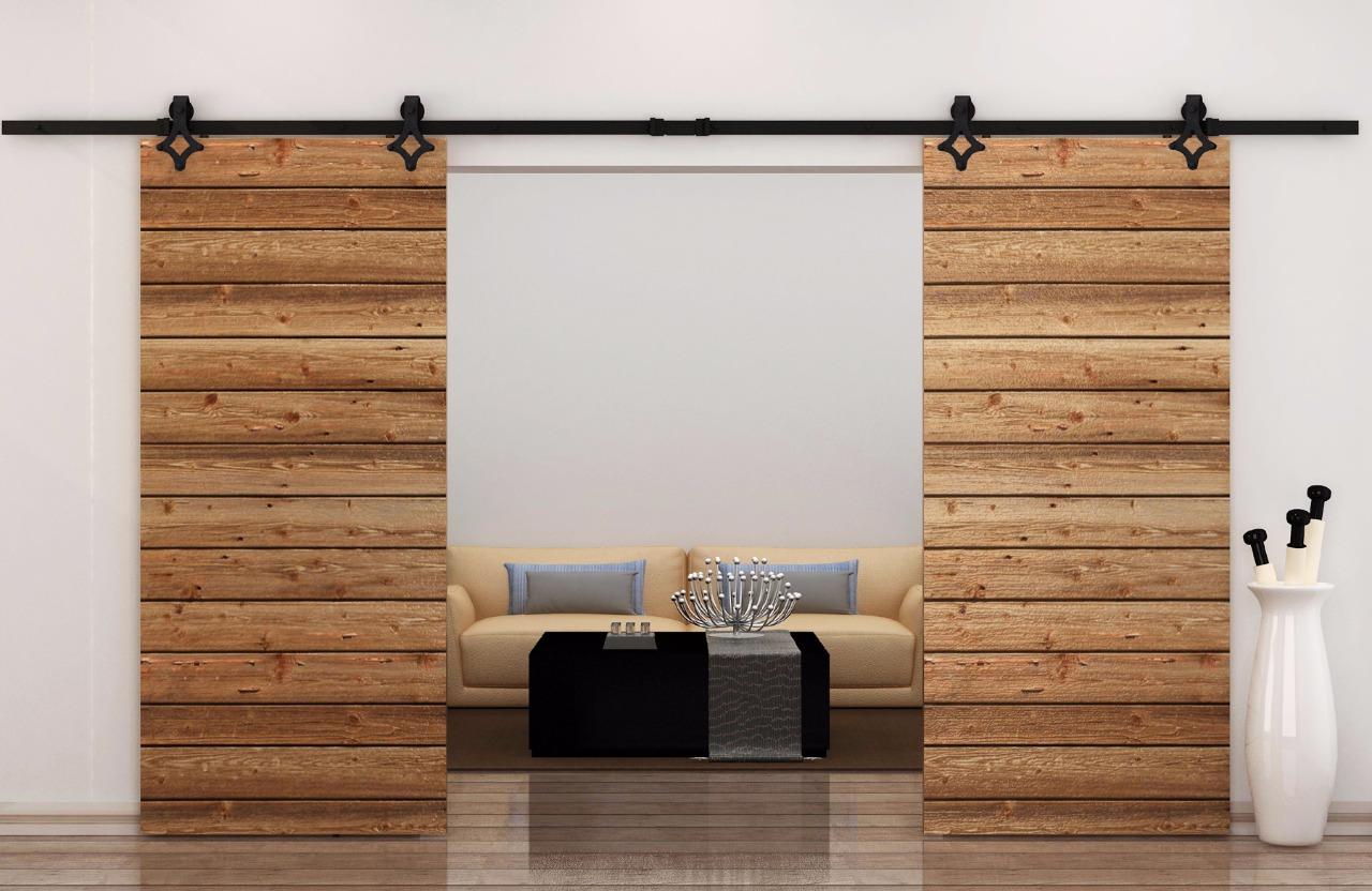 12FT Country Style Black Barn Wood Steel Double Sliding