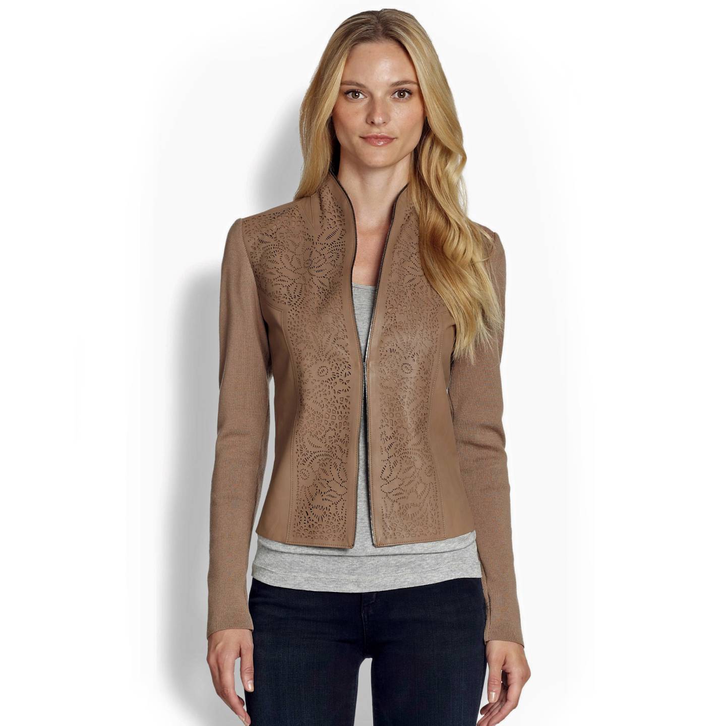 ELIE TAHARI • Laser-Cut Leather Perforated Paneled Wool SHIRA Jacket • L • $998 ...1440 x 1440