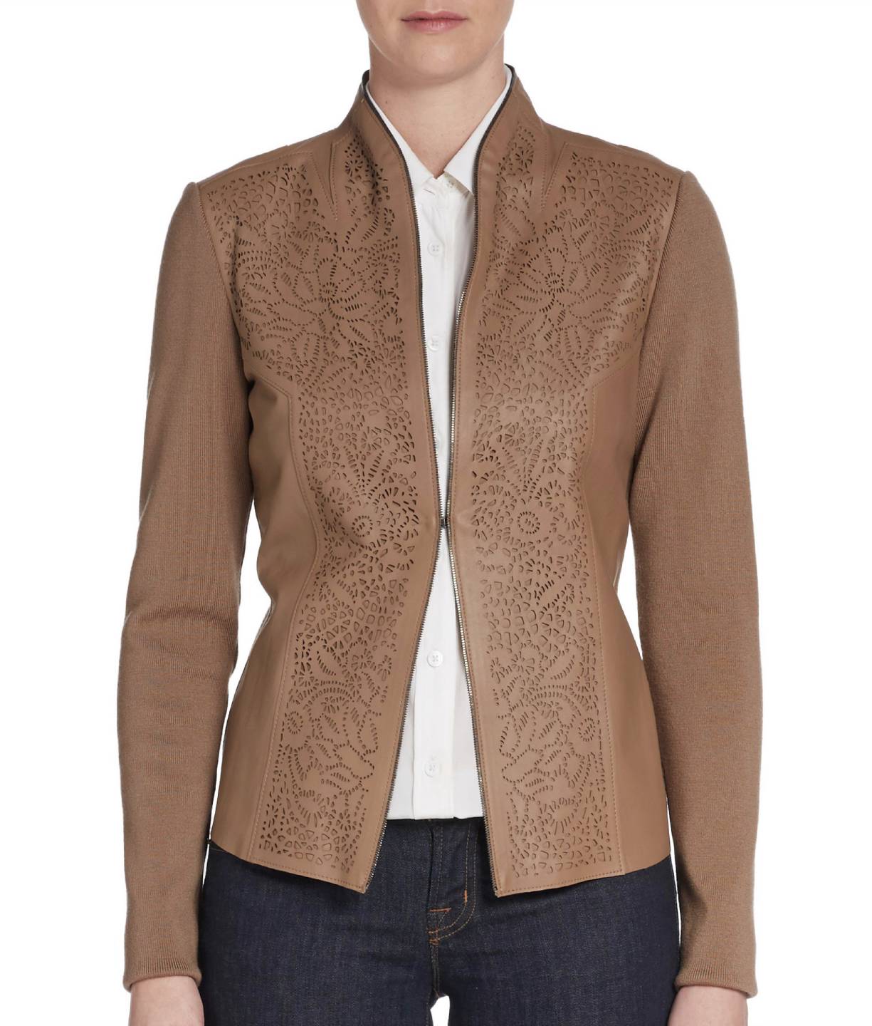 ELIE TAHARI • Laser-Cut Leather Perforated Paneled Wool SHIRA Jacket • L • $998 ...