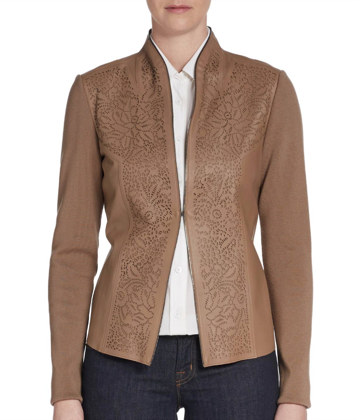 Elie Tahari Laser Cut Leather Perforated Paneled Wool Shira Jacket Xl 998 Ebay