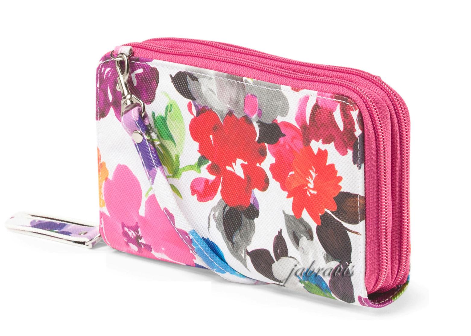 BUXTON Pink Floral Print Double Zip Organizer Clutch Wallet & Crossbody Strap