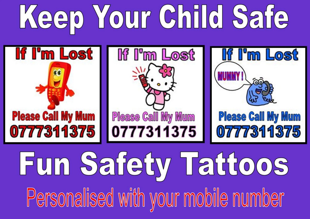 SAFETY TATTOOS X 24 custom personalised LOST CHILD shopping safe wrist armband