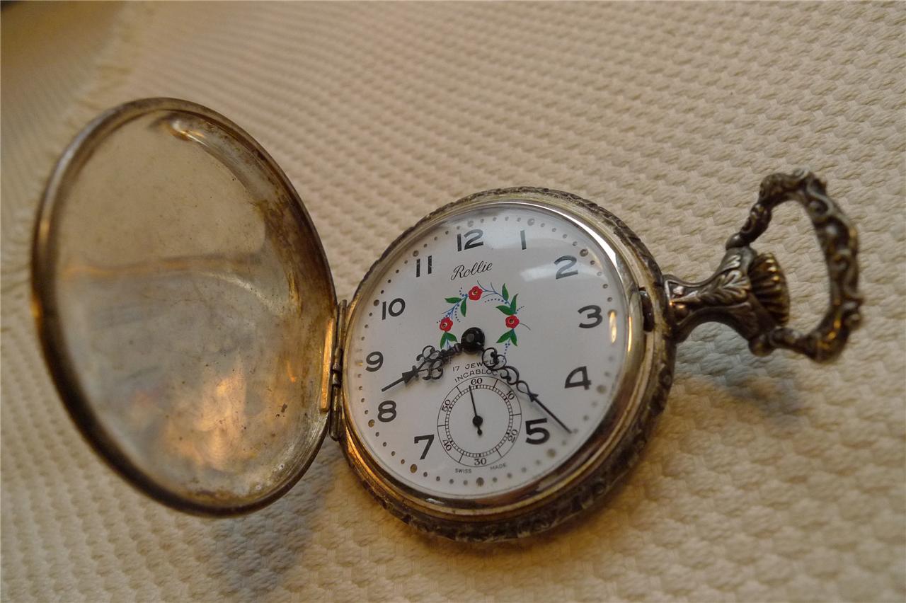 Vintage Rollie Pocket Watch Hunter Case 17 Jewels Swiss Silver Plate