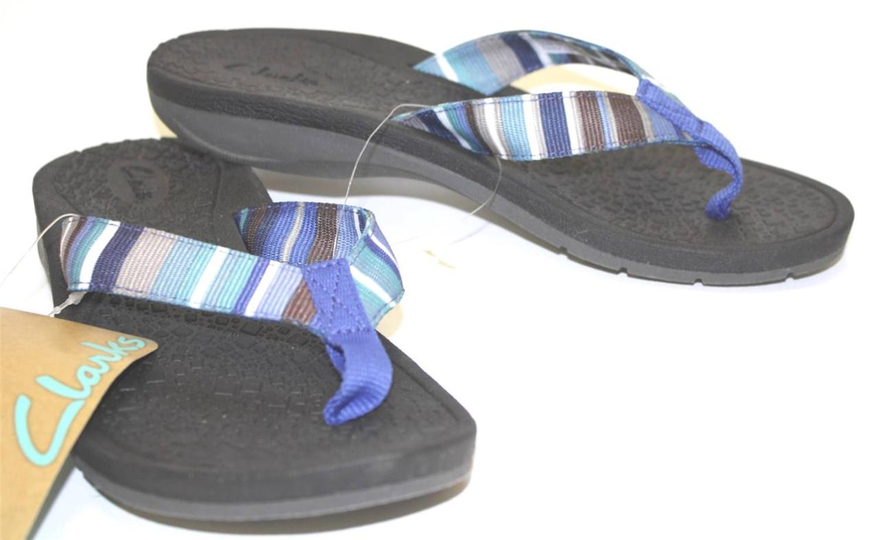 Women's Shoes Clarks 65645 Flip Flop Thong Sandals Multi Blue Stripe