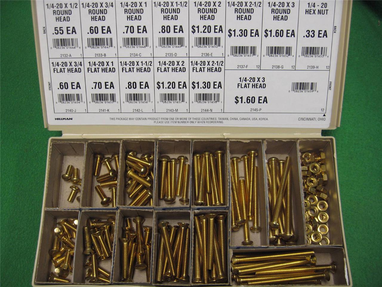 Assorted 1 4 20 Brass Flat Round Head Machine Screw Nut Organizer