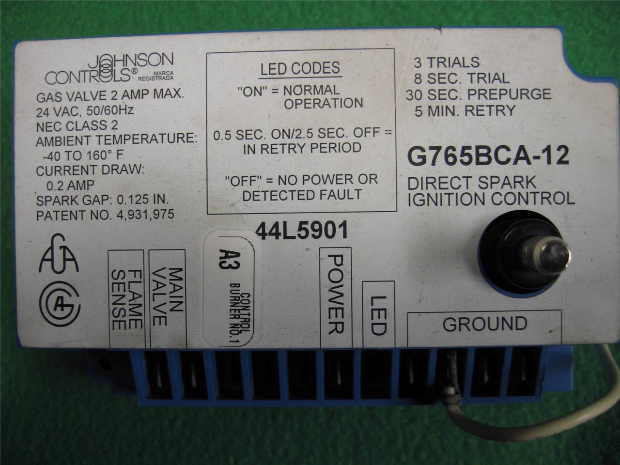 JOHNSON CONTROLS 44L5901 G765BCA12 DIRECT SPARK IGNITION CONTROL