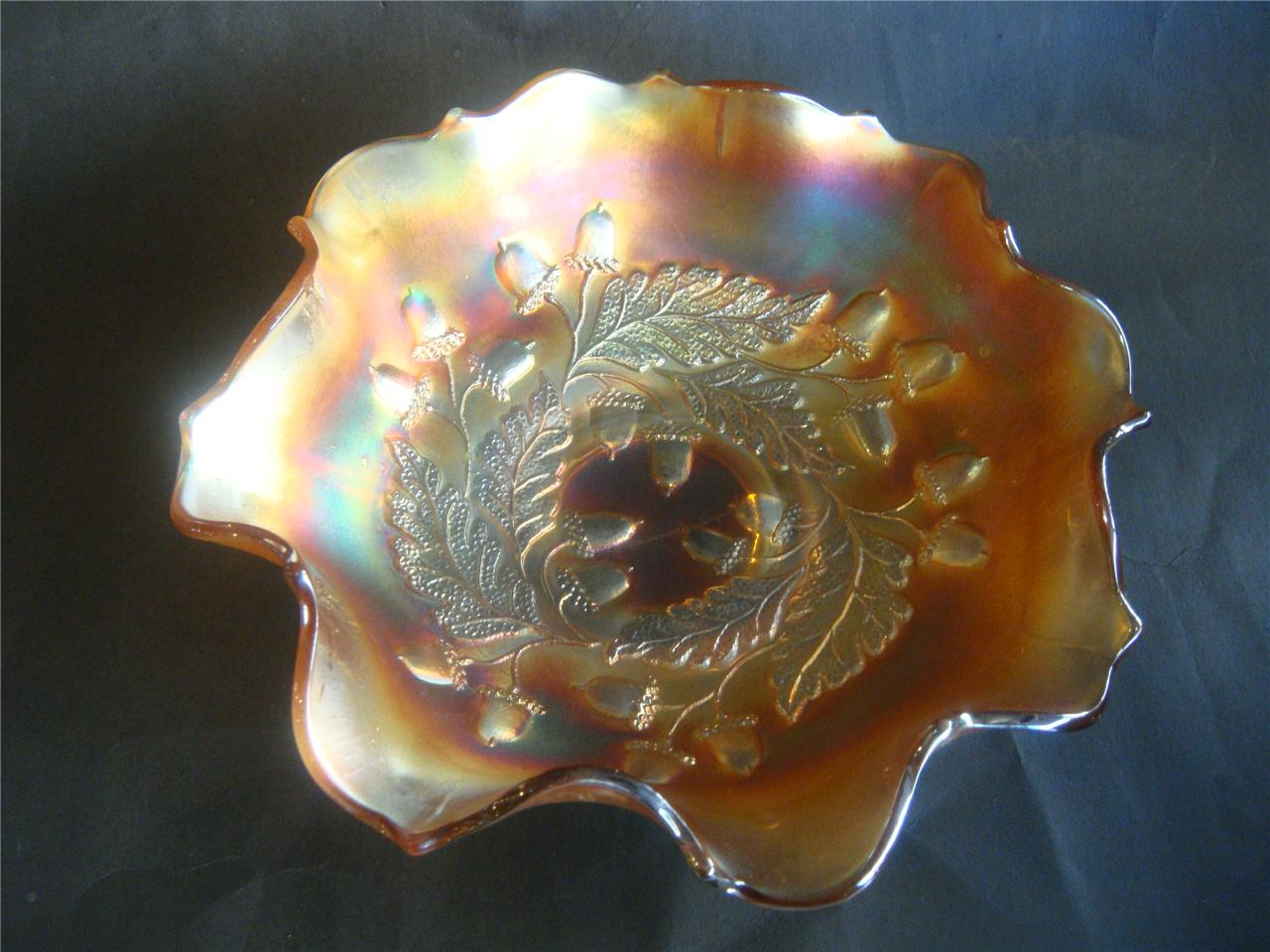 Antique Marigold Carnival Glass Fluted Bowl w/ Bluebells & Fern Pattern