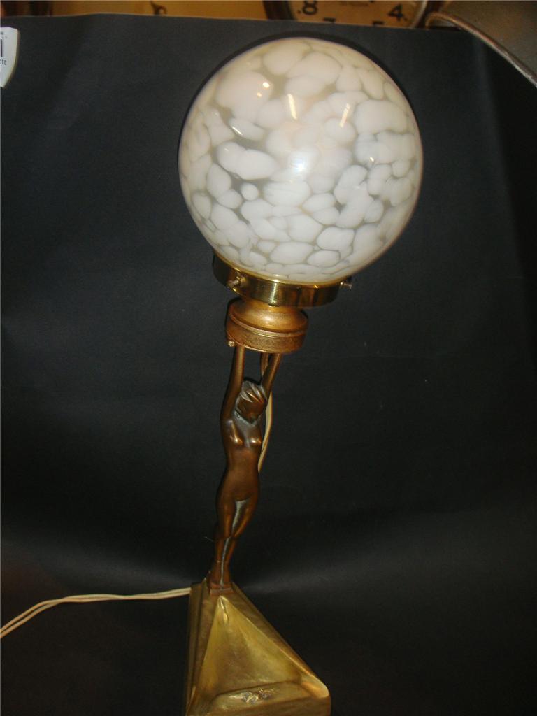 Antique ART DECO DIANA BRASS NUDY LADY LAMP w ASHTRAY Marbled Glass