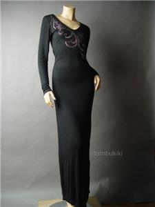 Black Jersey Maxi Dress on Jeweled Rhinestone Black Rayon Jersey Knit Long Sleeve Maxi Dress M