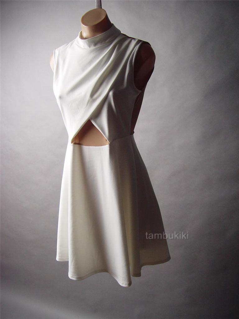 Futuristic Sci-Fi White High Neck Faux Wrap Low-Scoop Back Flare 37 mv