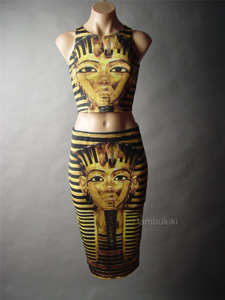Egypt Print Egyptian Queen Pharaoh Midriff Crop Top Pencil Skirt 37 mv