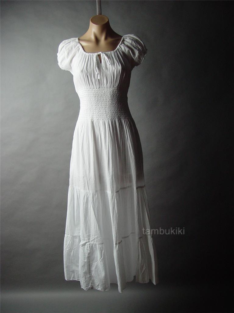 Victorian 1800s Peasant Maiden White Cotton Tiered Long Maxi 37 mv
