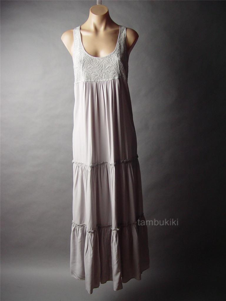 Victorian Peasant Gray Crochet Empire Waist Chemise Long Maxi 42 mv Dress M L eBay