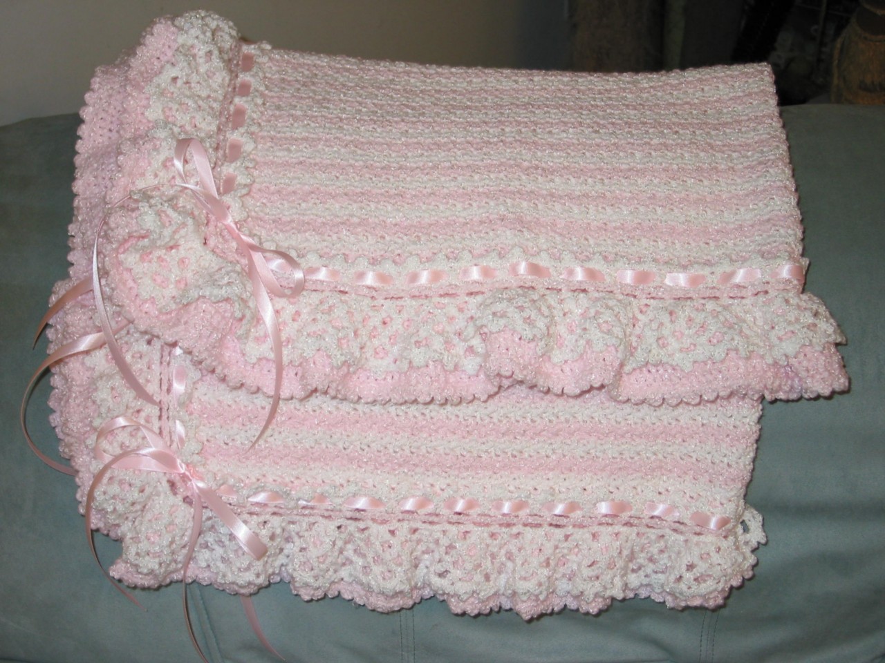 CROCHETED BABY BLANKET AFGHAN PINK WHITE STRIPE RUFFLE