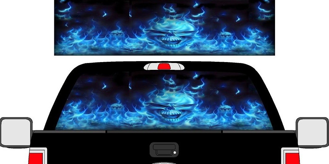 Skull With Blue Flames Rear Window See Thru Graphic Vinyl Decal Truck Suv Ebay 8110