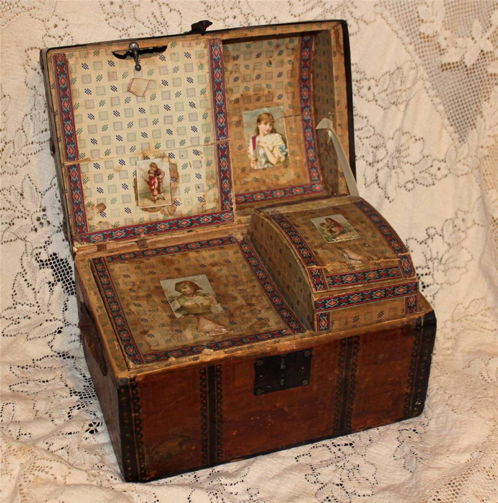 Spectacular Old Camel Back Victorian Doll's Trunk with Complete