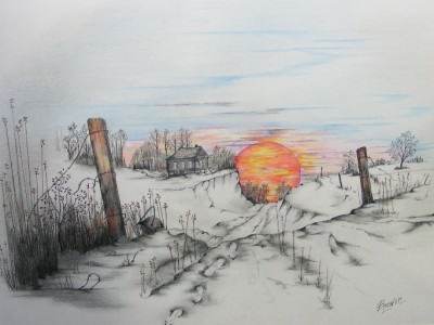 Original Art Colored Pencil & Ink Sunset Landscape Drawing Matted & Framed