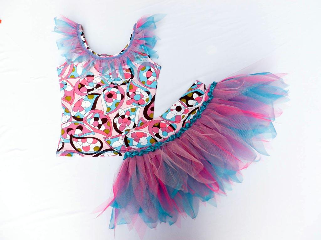 GIRLS 2 PCE DANCE TUTU STAGE PARTY COSTUME RETRO PRINT FREESTYLE DISCO