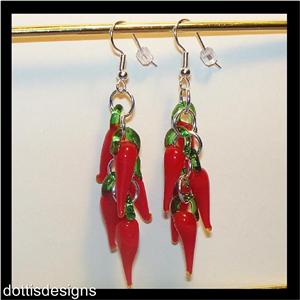LAMPWORK GLASS RED CHILI PEPPER EARRINGS ON FRENCH WIRE