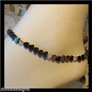 SWAROVSKI & HEMATITE HEART BEAD STRETCH ANKLE BRACELET