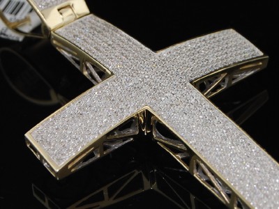 MENS 10K YELLOW GOLD DIAMOND CROSS CHARM PAVE 3CT DOMED